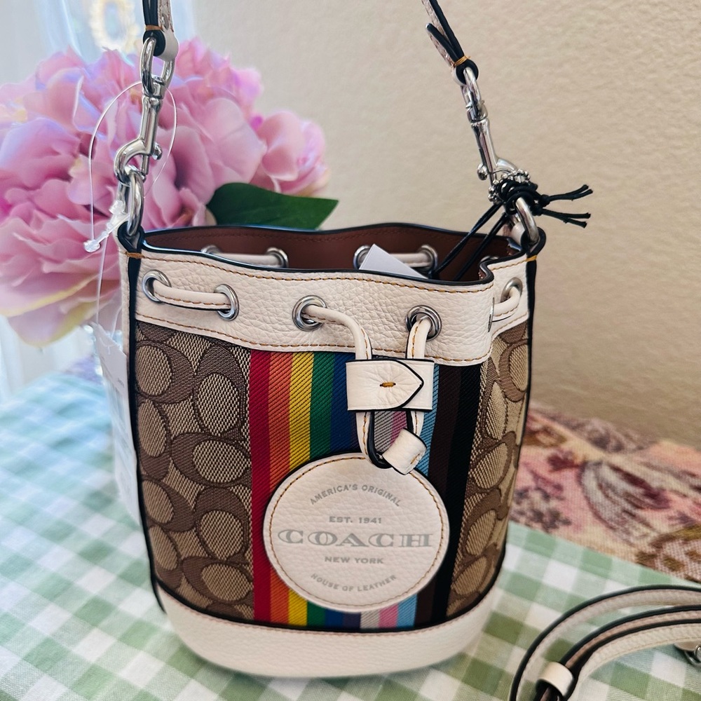 Coach CJ661 Mini Dempsey Bucket Bag In Signature Jacquard With Rainbow Stripe